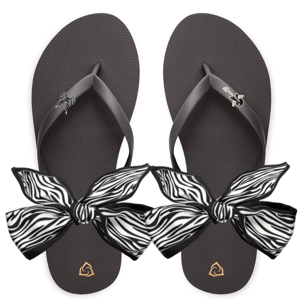 Beautiful custom made Flip Flips,black zebra ribbons,with wing and guitar charm